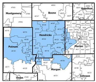 map showing Hendricks Regional Health Primary Service Area